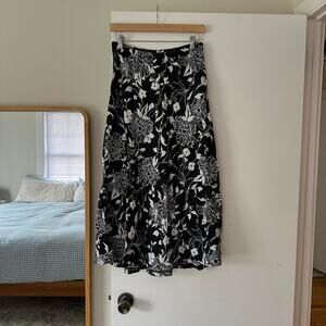 Vintage Floral Black & White Linen‎ Midi Skirt Size 4